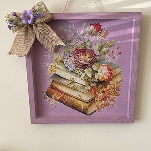 Floral Book Stack Wall Art with Purple Frame